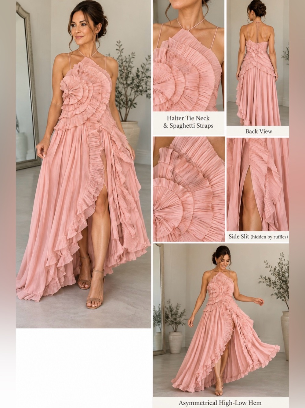 Pink Pleated Ruffle Maxi Dress XL Halter Tie High Low Formal Gown Side Slit